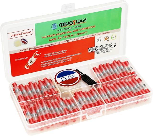 DINGYUAN 160PCS Solde Seal Wire Connectors, Red Heat Shrink Butt Connectors Waterproof Splice Connectors AWG22-18 Marine Automotive Aircraft Boat Truck Stereo Wire Joint