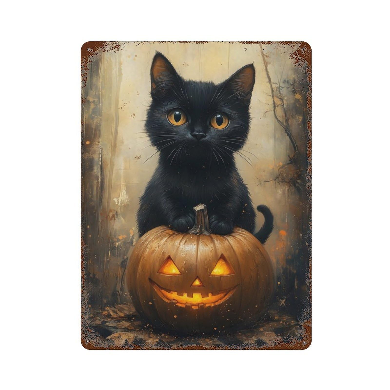 Black Cat on Pumpkin Rust Effect Tin Sign 15.7"x11.8", Ideal for Garage, Bar And Workshop Decor