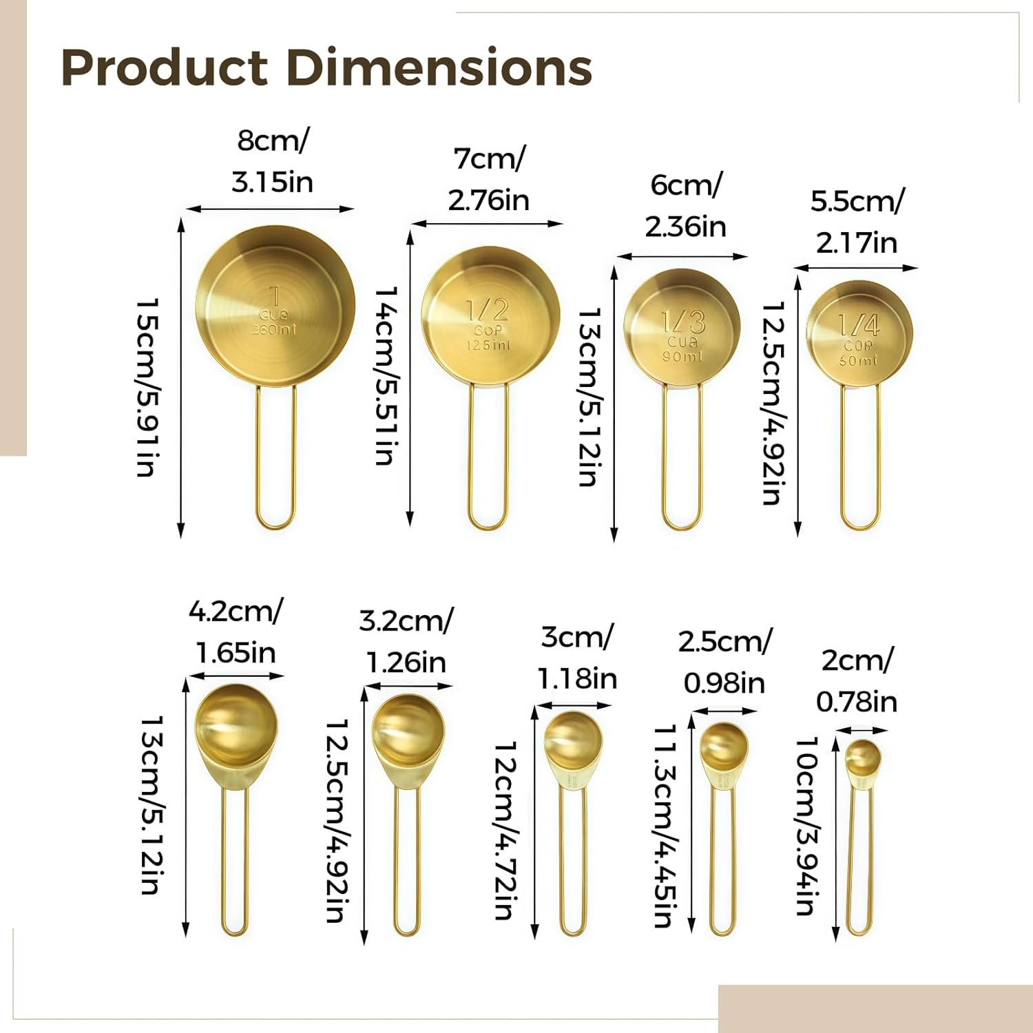 With Clear Scale, Gold Color, Stainless Steel, 9 Pcs Measuring Cups And Spoons Set, Including 5 Measuring Spoons And 4 Measuring Cups For Cooking, Coffee Measuring And Baking