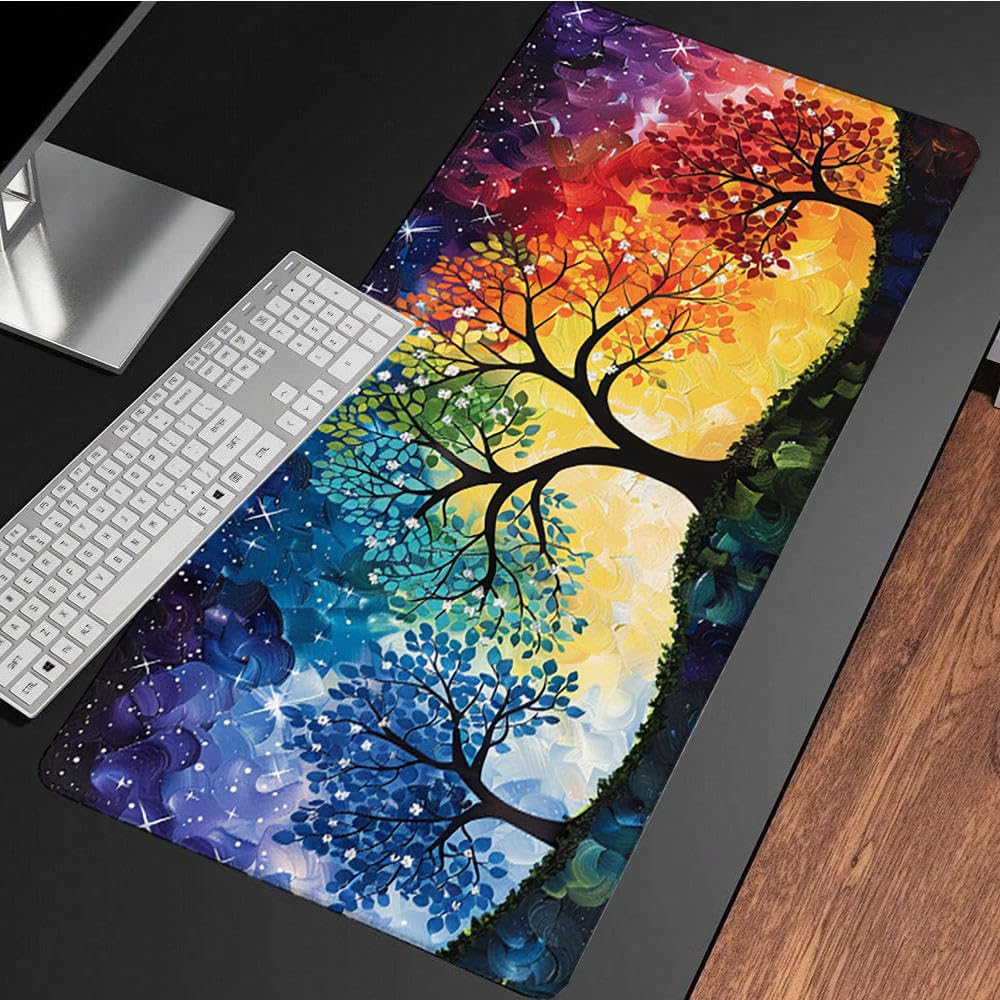 Kolorowa podkładka pod mysz XXL, podkładka na biurko, 1200 x 600 cm, szyte krawędzie, podkładka pod mysz, gumowa podstawa, drzewo, podkładka pod mysz, stabilna przyczepność na gładkich