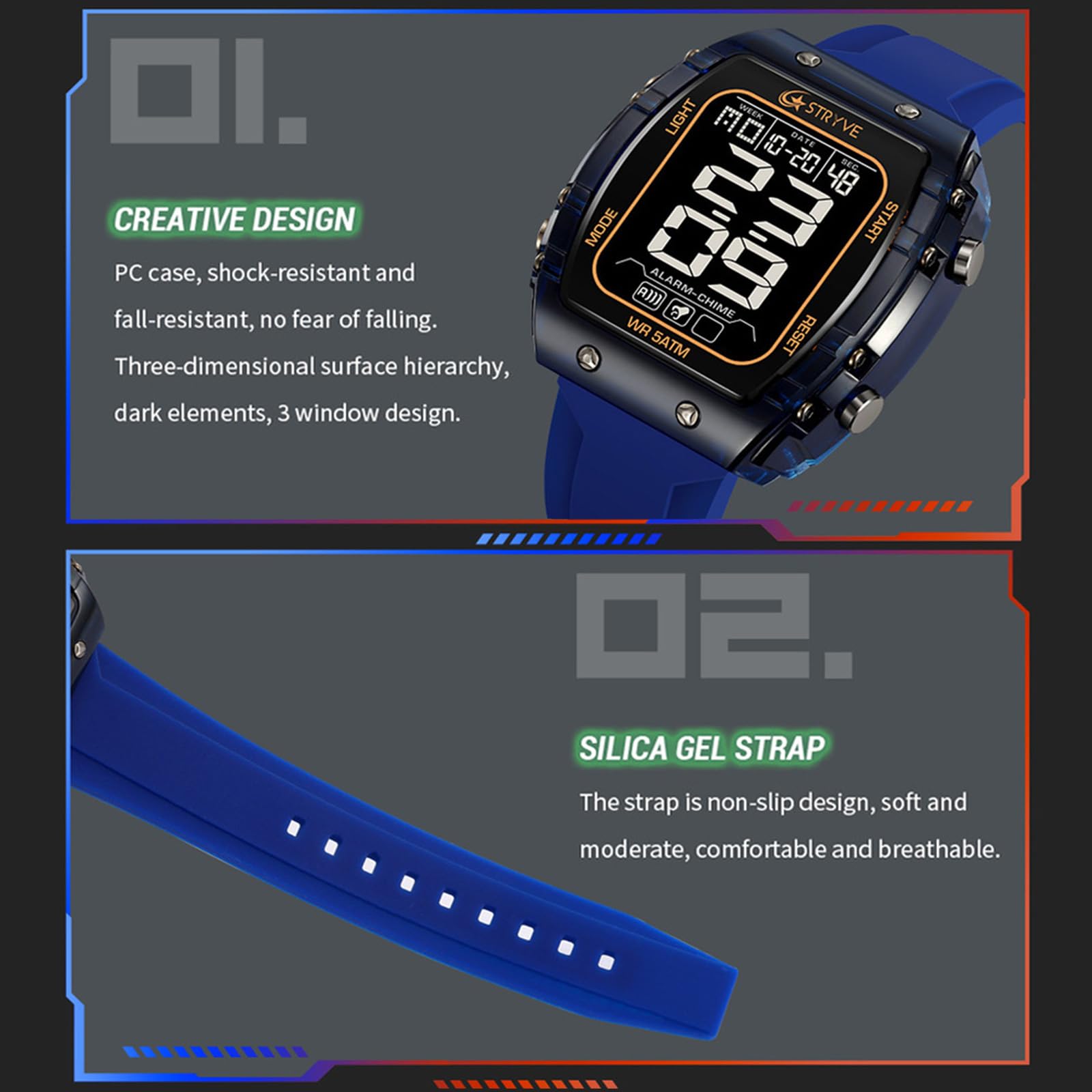 Orologio sportivo da uomo, digitale, militare, digitale, orologio tattico, LED, 50 m, impermeabile, sportivo, militare, per uomini, cronometro, digitale, per ragazzi