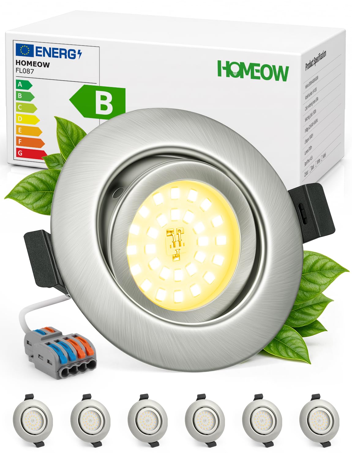 HOMEOW LED Einbaustrahler 230V Metallgehäuse Warmweiß IP44 Nickel 6er Set | LED Spots Lochmaß 68 - 80mm Deckenspots Ultra Flach für Badezimmer Dusche Kueche Schwenkbar 3000K 4.7W 760LM Nicht Dimmbar