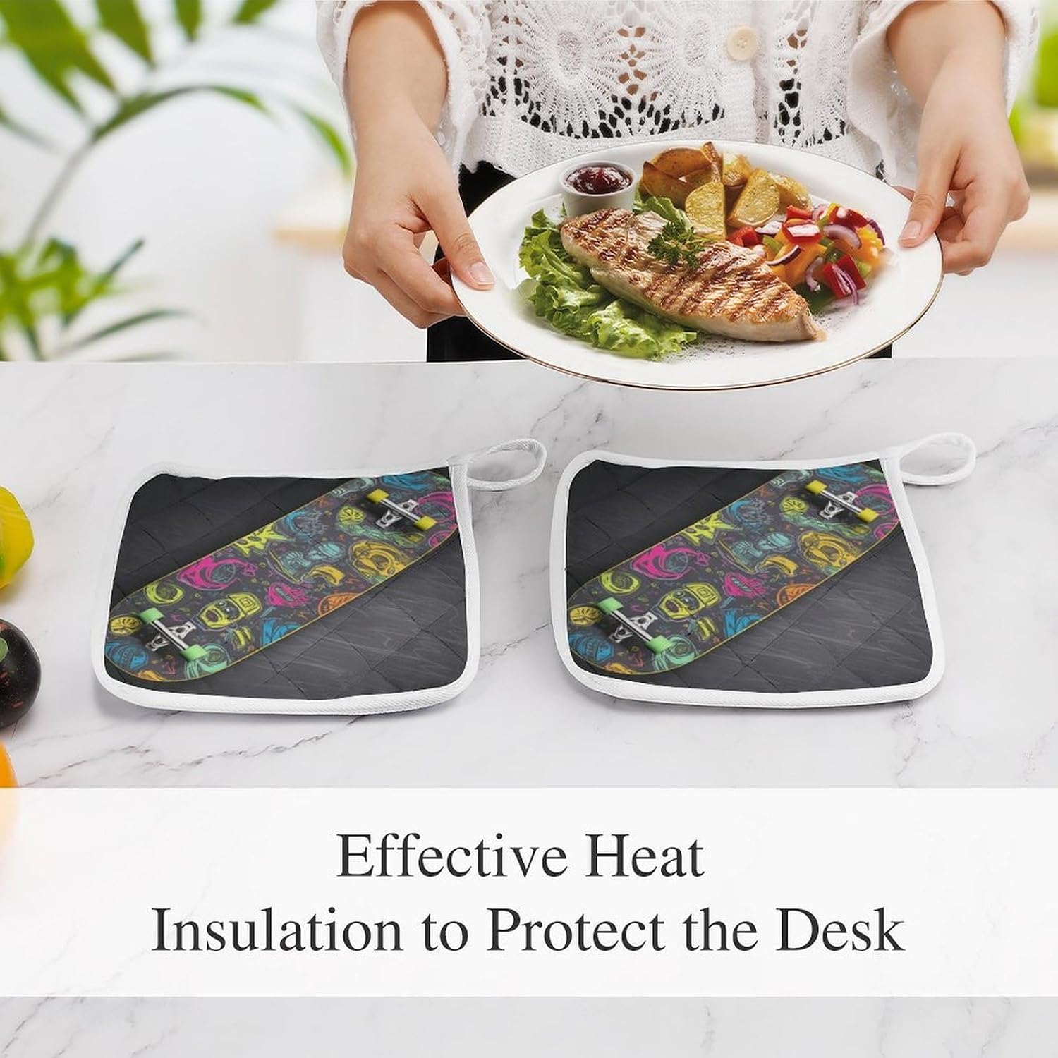 Square Potholders 2-Piece Set,Graffiti Skateboard Printed Kitchen Insulation Mats Heat-Resistant Non-Slip Insulation Mats with Hanging Rings for Kitchen Cooking Baking BBQ