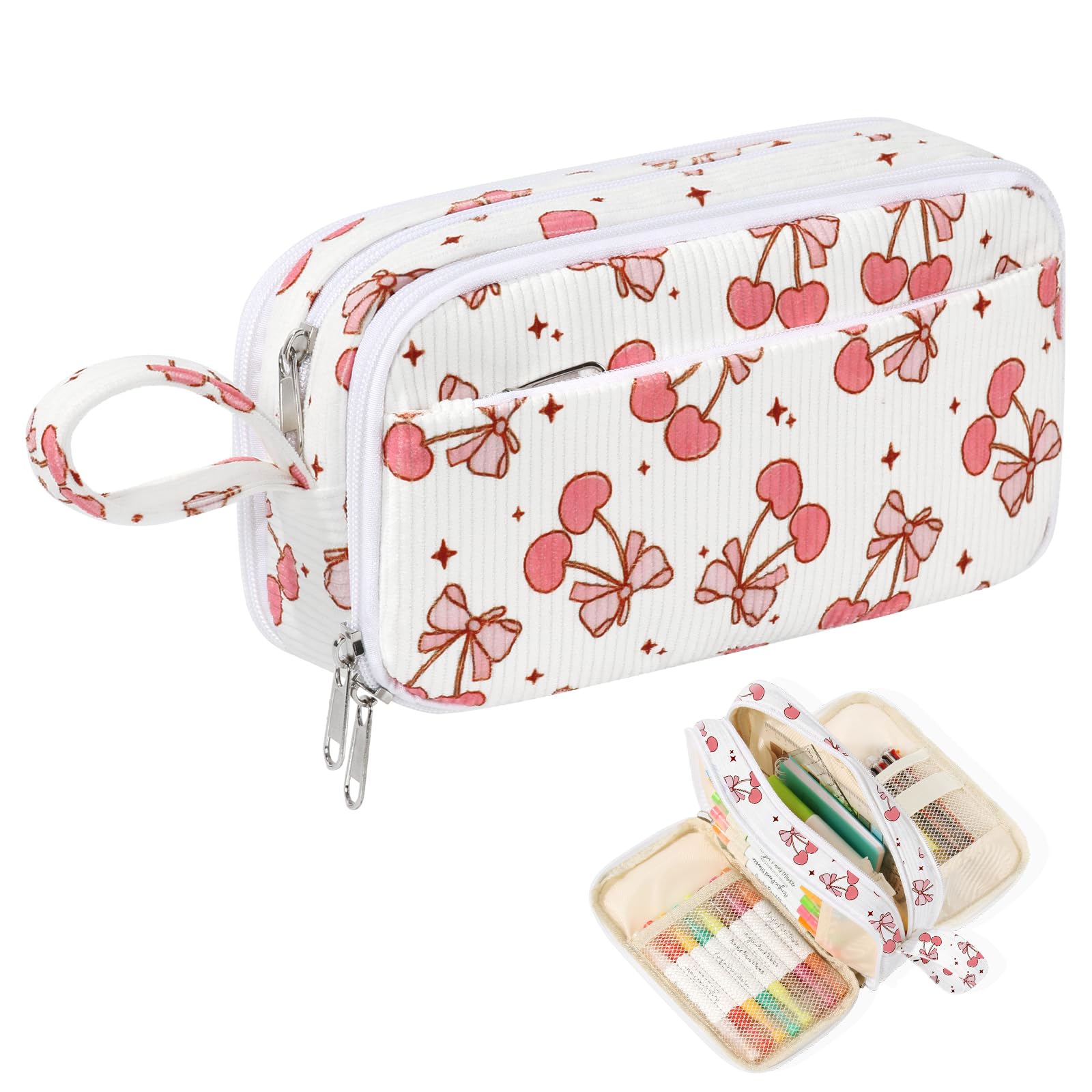 BuyCard Large Capacity Pencil Case with Zipper - Corduroy Floral Pattern, Pen Pouch for Office School Stationery Organization, Graduation Gift (Pink Cherry)