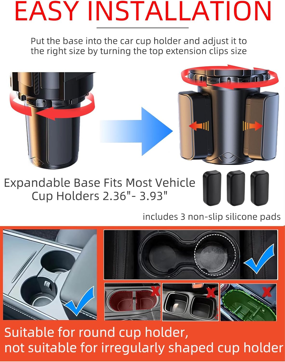 Car Cup Holder Tray, 10 Inch 4-in-1 Cup Holder Tray, 360° Rotating Drink Holder Expander with Detachable Food Tray & Phone Holder, Road Trip Essentials