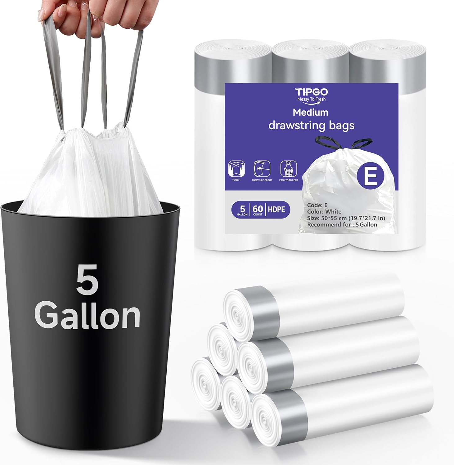 TIPGO 5 Gallon Trash Bags Drawstring, Pre-Cut Strong Wastebasket Bin Liners, White Garbage Bags for Home, Office, Bathroom (Code E, 60 Count)