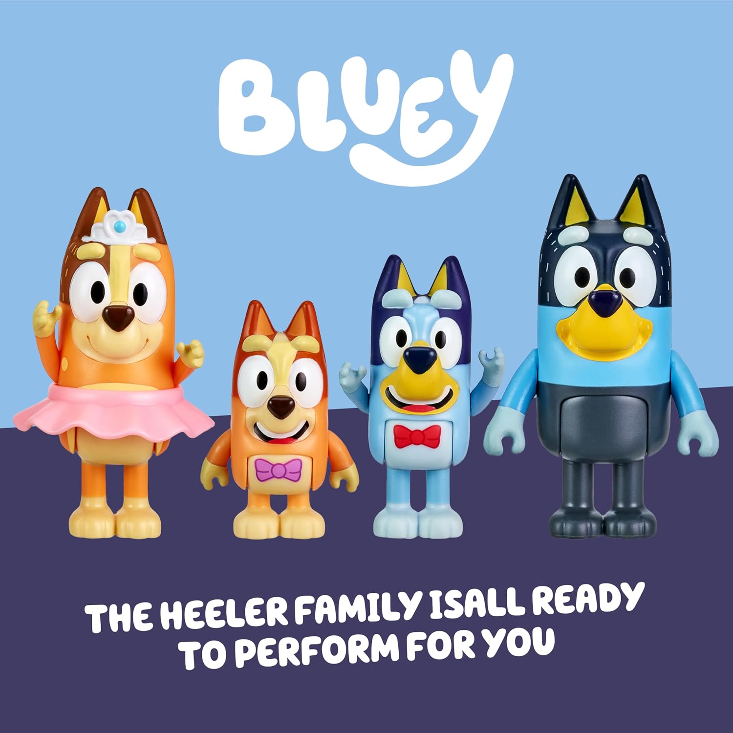 Bluey Showtime Figurine Toys Pack of 4, Articulated Character Toys with Bingo, Bandit, and Chilli Figurines, Small Action Figures for Kids Ages 3+ image 4