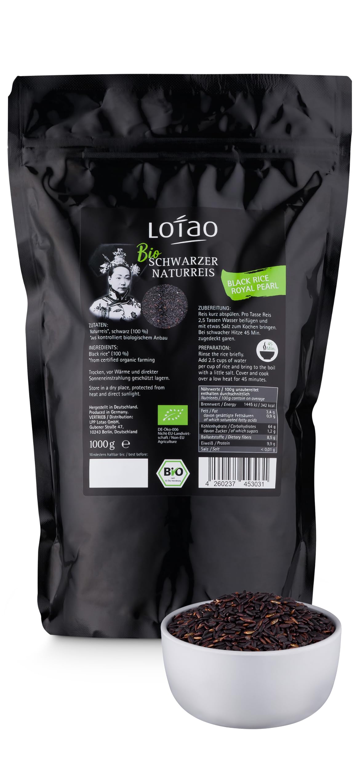 Lotao Schwarzer Reis (1x 1000g, Bio Qualität) ROYAL PEARL BLACK | Hochwertiger Bio Vollkornreis: Ohne Zusätze und ungeschält | Der schwarze Reis als Hingucker für Asia Küche: Thai Chinesisch uvm.