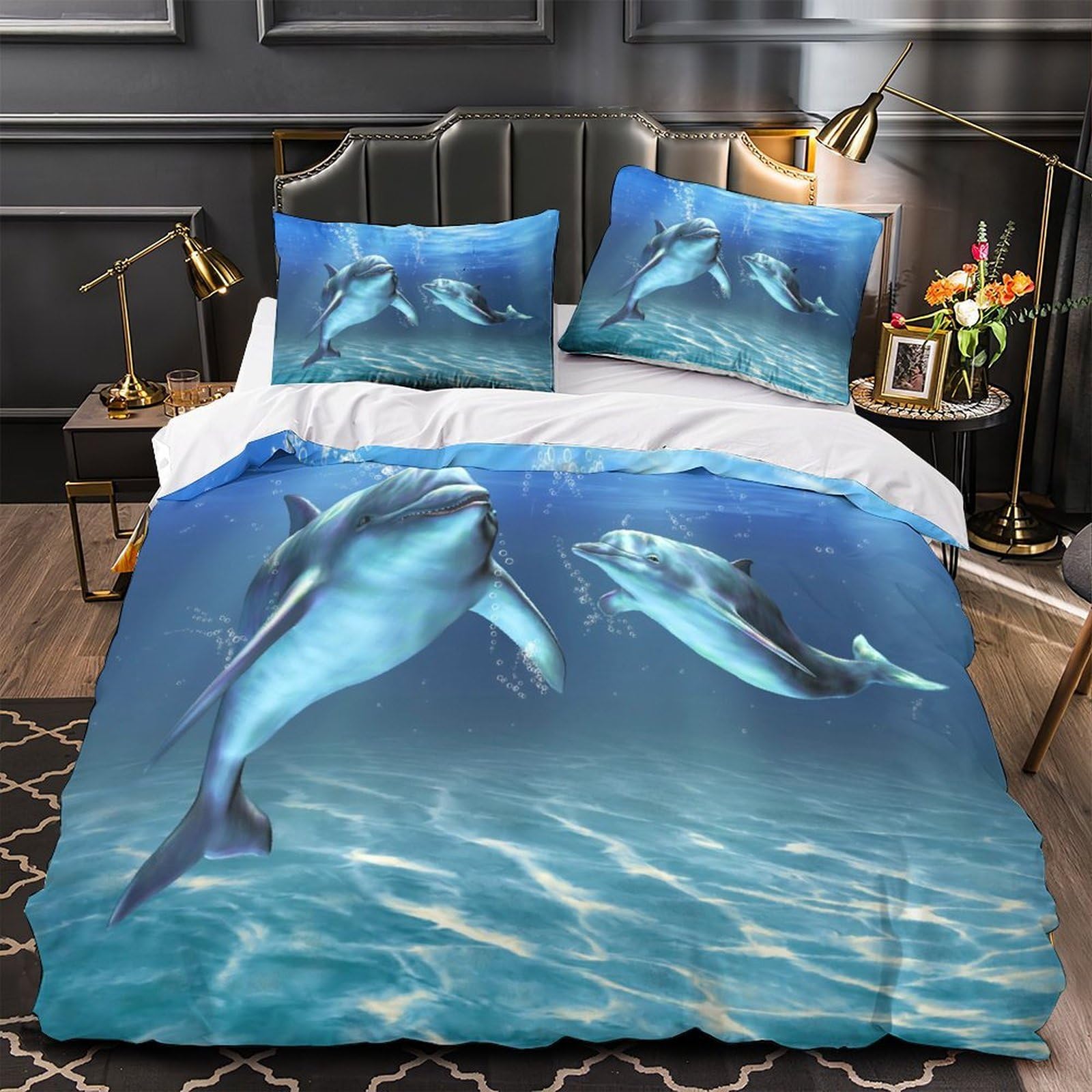 Parure de lit dauphin 3D King 220x240cm en microfibre avec housse de couette