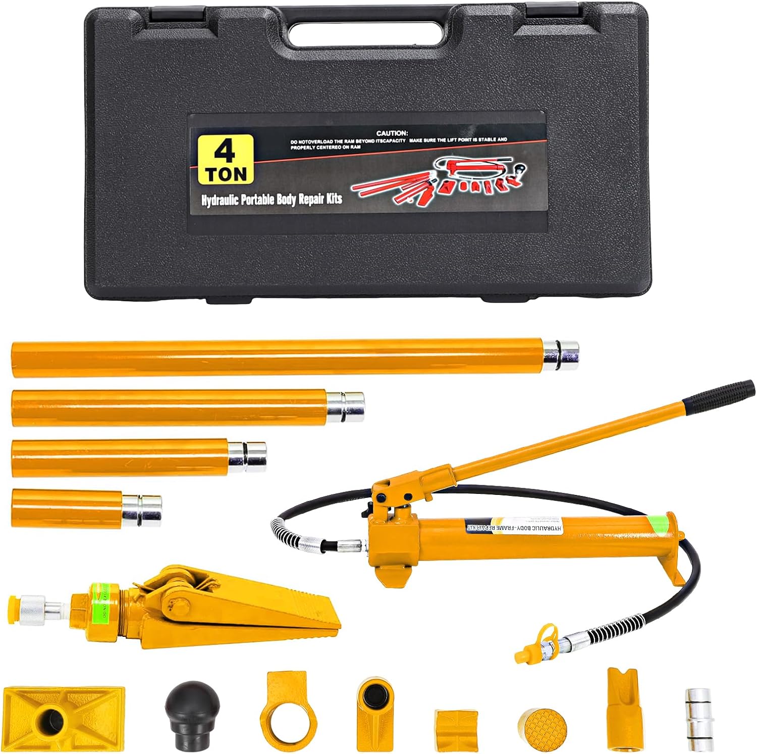 GarveeTech 4 Ton Porta Power Kit Heavy Duty Hydraulic Ram with Secure Transport Case for Auto Shop Frame Repair Construction Equipment Professional Grade Lifting Tool Yellow