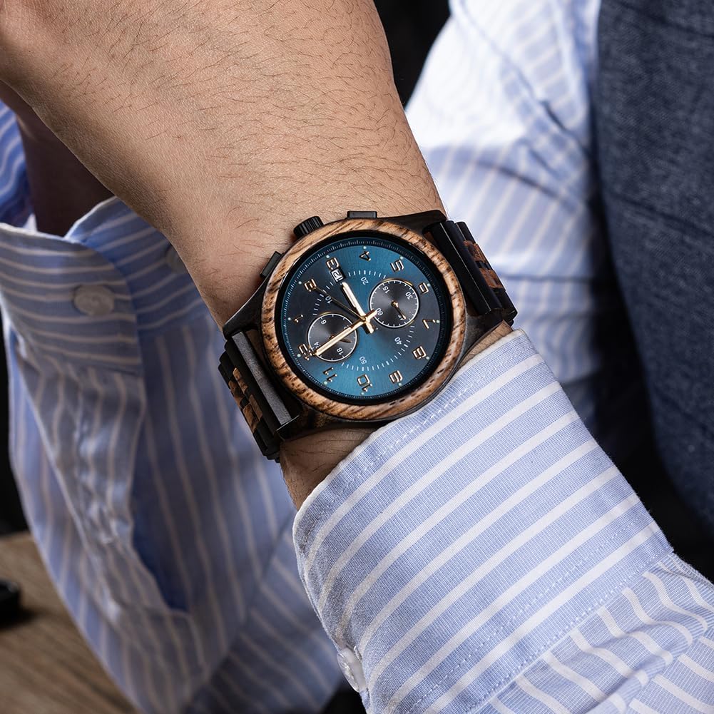 Mens Wooden Watch with Chronograph Quartz Movement Luminous Hands Date Display Running Second Sub Dial Custom Engraved Back and Wood Gift Box Analog Wood Wristwatch for Anniversary Birthday Xmas