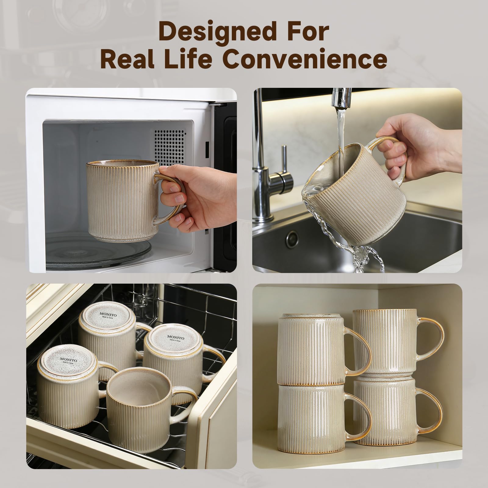 MONITO Juego de 4 tazas de café de 16 onzas, tazas de café de cerámica con asas grandes, adecuadas para latte, té caliente, capuchinos, moca y cacao, beige bonbon