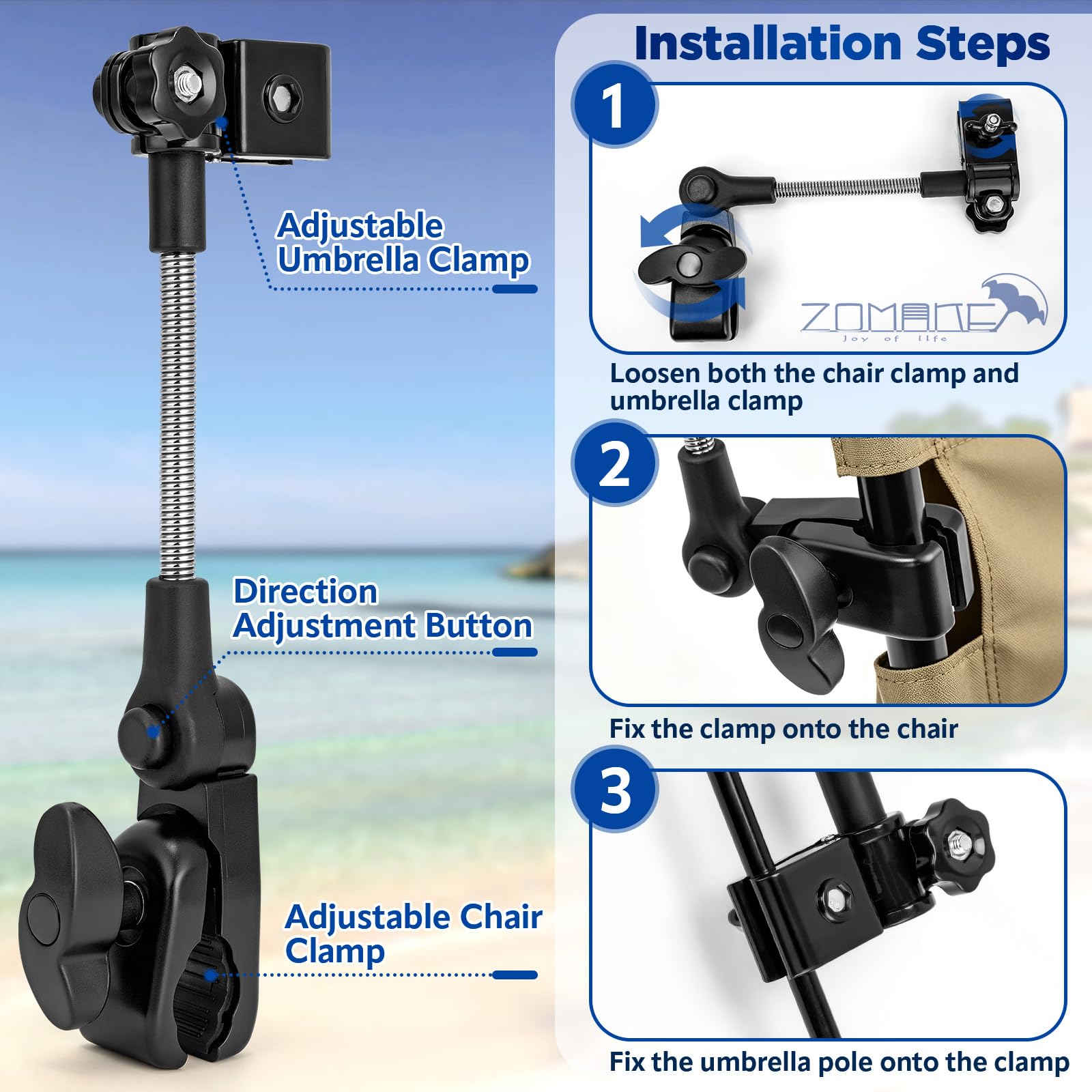 ZOMAKE Ombrellone per Sedia con Morsetto Clip, Parasole per Sdraio Mare, Ombrello per Sedia da Spiaggia