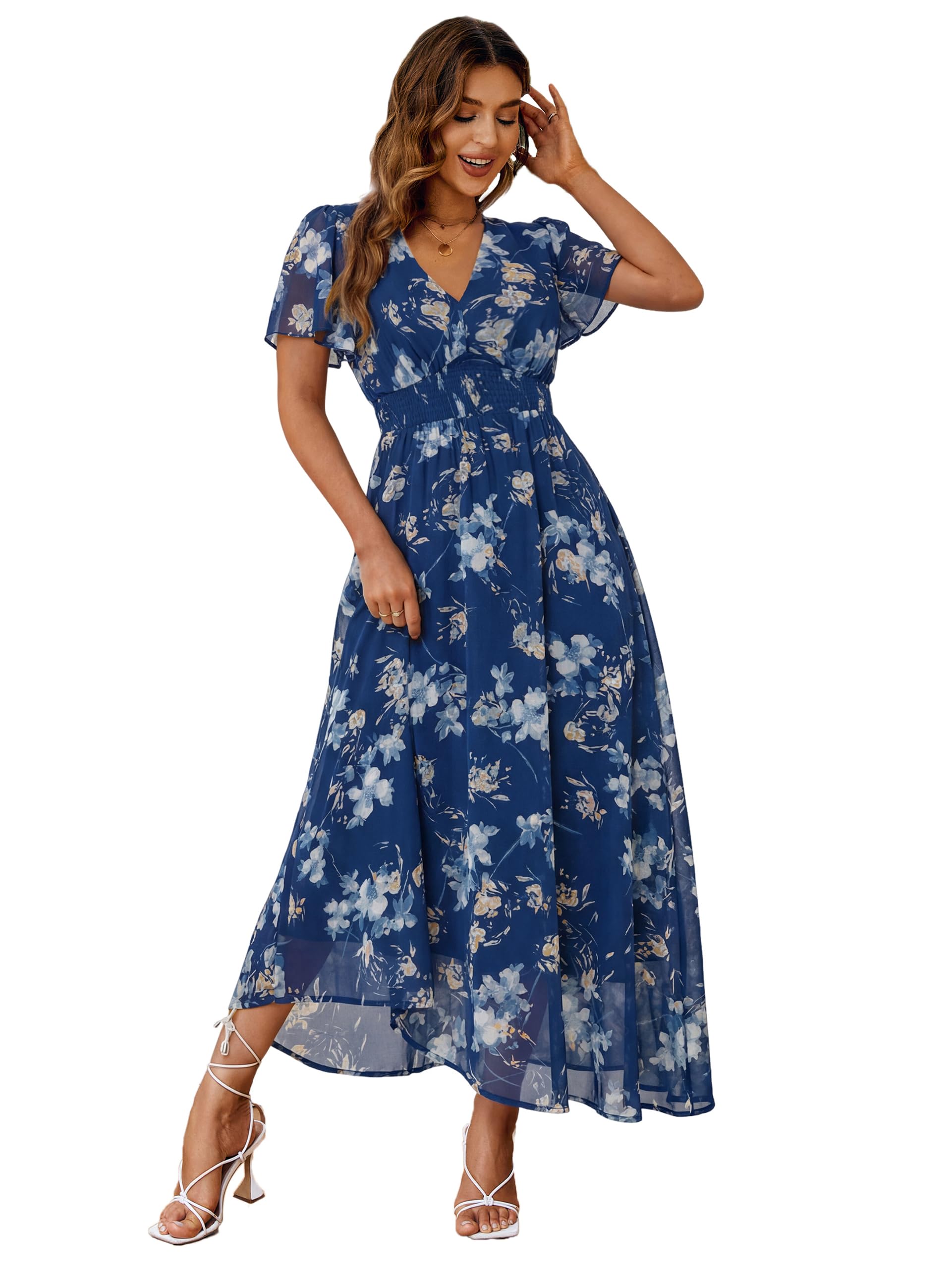Simplee Women's Boho Floral Maxi Dress Flowy Casual V Neck Short Sleeve Wedding Guest Holiday Beach Long Dress