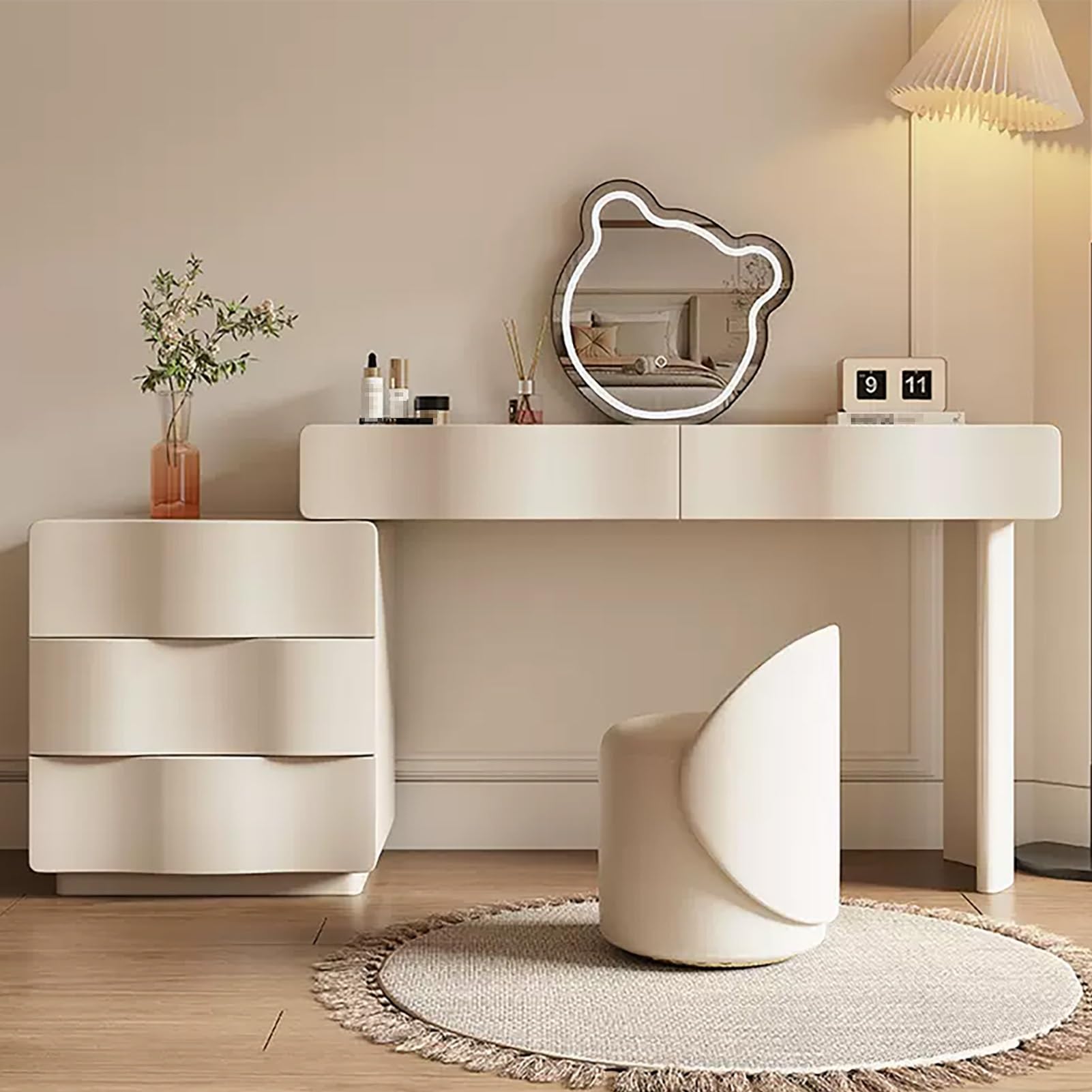 CGCSYZ Vanity Desk, Makeup Vanity with Adjustable Side Cabinet, Makeup Vanity Table with Bear-shape LED Mirror, Women Dressing Table with Round Stool, Makeup Desk with 5 Drawers(120cm/47.2in)