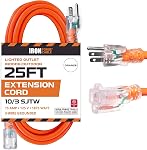 Iron Forge Cable Outdoor Extension Cord 50 Ft - 10 Gauge Heavy Duty Extension Cord, 15 AMP, 10/3 Yellow Power Cable SJTW Weatherproof with 3 Prong Lighted End - 125 V 1875 Watt