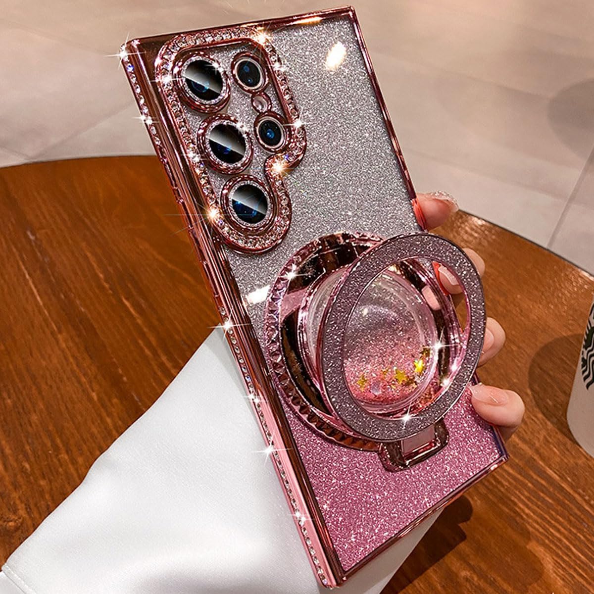 for Samsung Galaxy S25 Ultra Case with Glitter Kickstand,Cute Bling Sparkly Rhinestones Phone Case, Glass Camera Lens Protector,Flowing Liquid Ring Stand for Samsung S25 Ultra (Pink) - Image 6