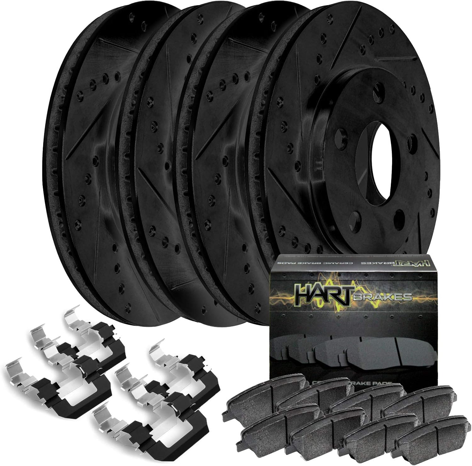 Hart Brakes Front Rear Brake Rotors Black Drilled Slotted Ceramic Pads 2014-2020 Cadillac Escalade,Escalade ESV,Chevrolet Silverado 1500,Suburban,Tahoe,GMC Sierra 1500,Sierra 1500 Limited