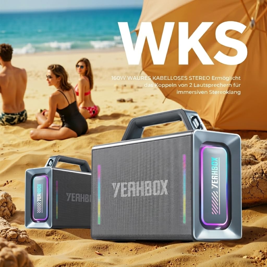 YEAHBOX Thunder 500 Party-Lautsprecher – 200W Max Leistung Bluetooth-PA-System mit Dual-Wireless-Mikrofonen, DSP-Soundkarte, LED-Beleuchtung & 10H Wiedergabedauer, tragbar für Outdoor, Zuhause und Ver