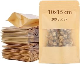 AKOLAFE 200 Pieces Kraft Paper Bag with Matte Window | Brown Self-supporting Bags 10 x 15 + 3.5 cm for Organization, Crafts, Small Items and Presentation