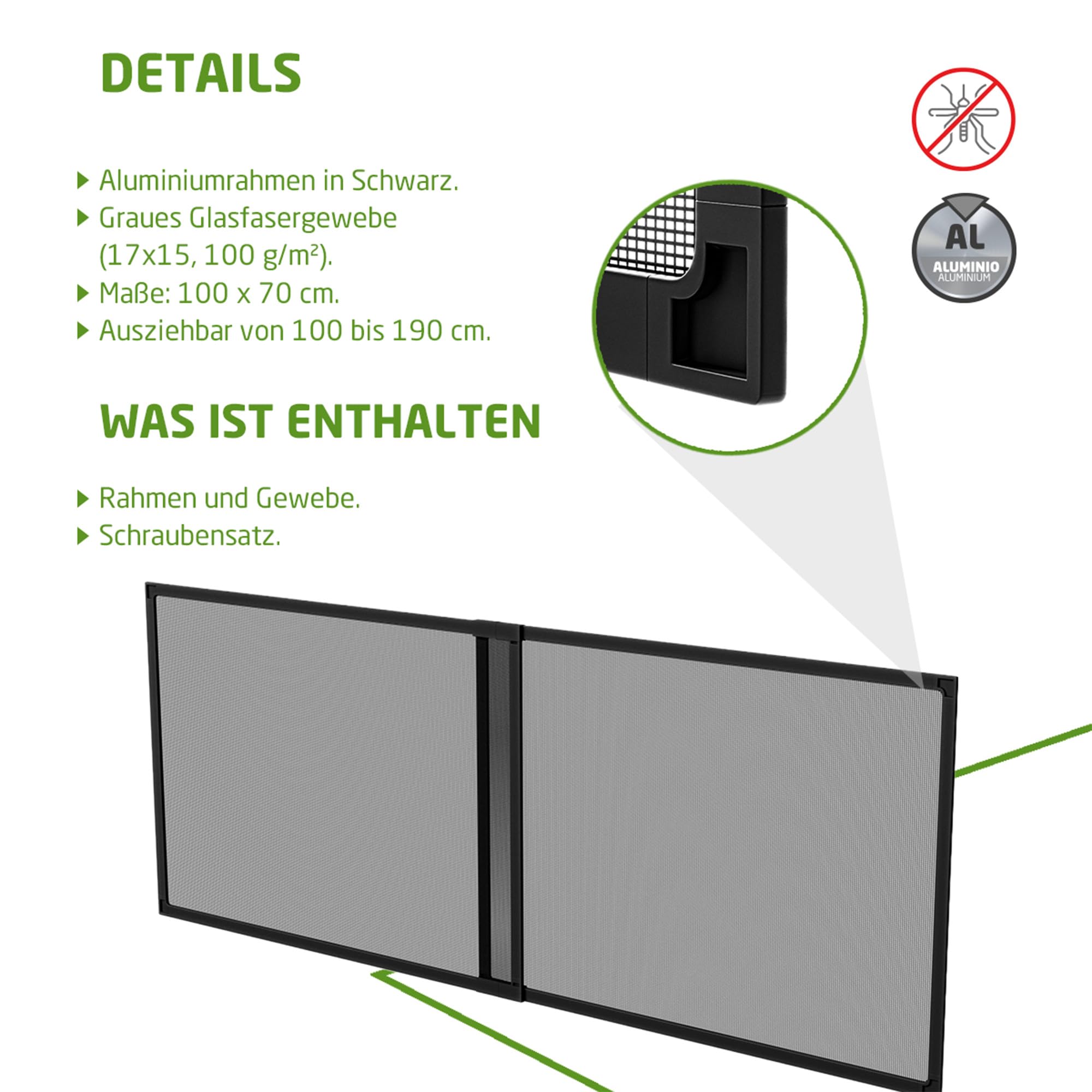 Amig - Erweiterbares Moskitonetz für Fenster - 100 x 70 cm - Schwarzer Aluminiumrahmen - Graues Glasfasergewebe - Verstellbar - Werkzeuglose Installation - Mod. ME01