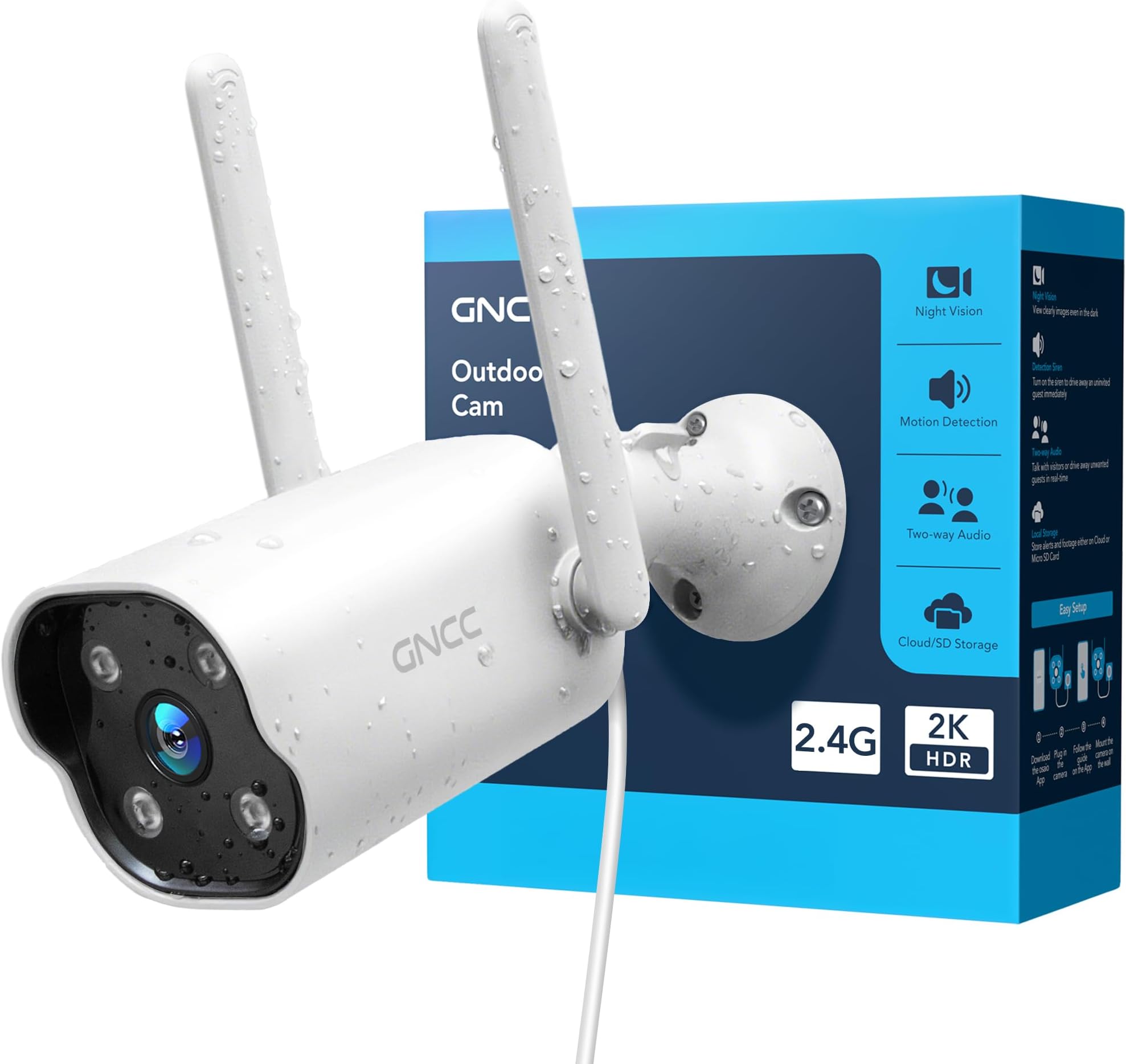 GNCC GT1Pro 2K Outdoor Security Camera Fixed, CCTV Camera for Home, 2.4 GHz WiFi Only, IP65, AI Detection, Cloud Subscription Required, SD Card Storage, Siren Alarm, 3m Power Cord, Plug-in