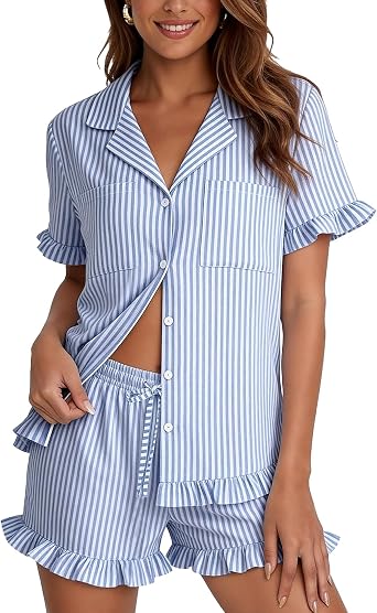 Flygo Womens Striped Cotton Pajama Set Ruffle Pj Sleepwear Lounge Sets