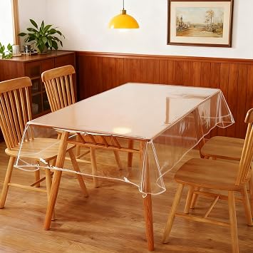 140x180cm Transparent Tablecloth with 8 Tablecloth Clips | Clear Table Protector PVC, Waterproof, Oil Proof, 55 X 71 Inch Plastic Table Cover, for Kitchen Office Dining Outdoor Indoor