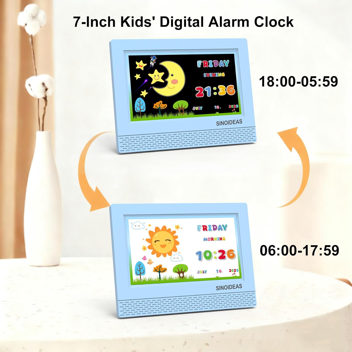 SINOIDEAS 7-Inch Kids' Digital Alarm Clock,Children's Sleep Trainer with Remote Control & Custom Reminder Function