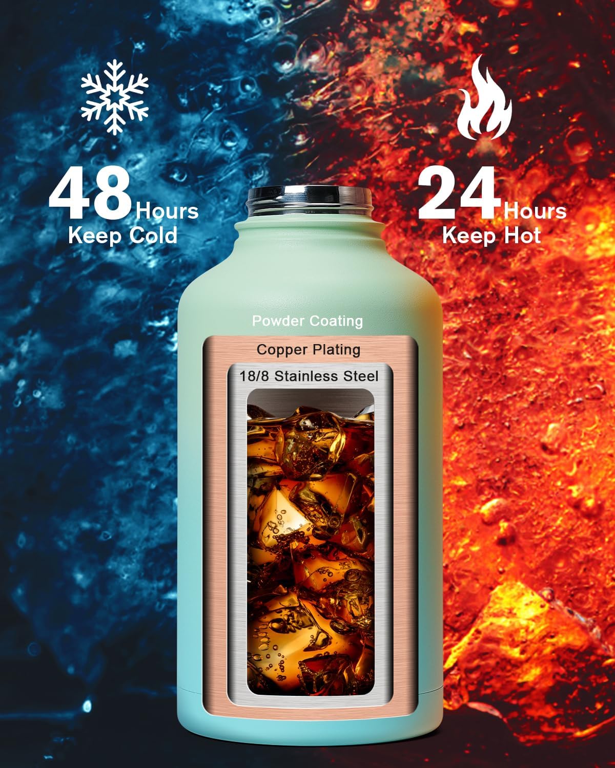 Insulated Water Bottle 64oz,Half Gallon Water Flask Stainless Steel Vacuum, Cold for 48 Hrs,BPA-Free & Leakproof -with Paracord Handle, Strap,Straw Spout Lids,Large Jug for Gym Sports,Green - Image 2