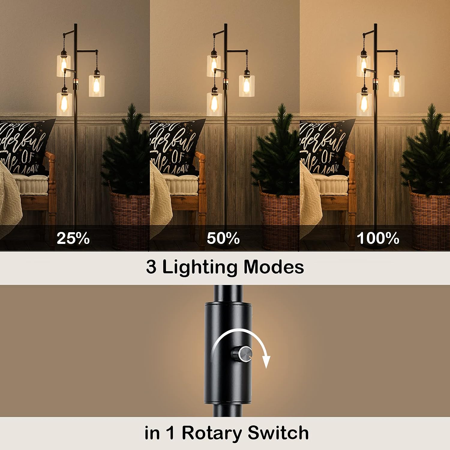 Airposta Industrial Floor Lamp with On/Off Dimmable Switch, 3-Head Rustic Tree Standing Lamp, Edison Bulb 40W Retro Tall Glass Floor Light for Living Room, Reading, Office, Bedroom, Black