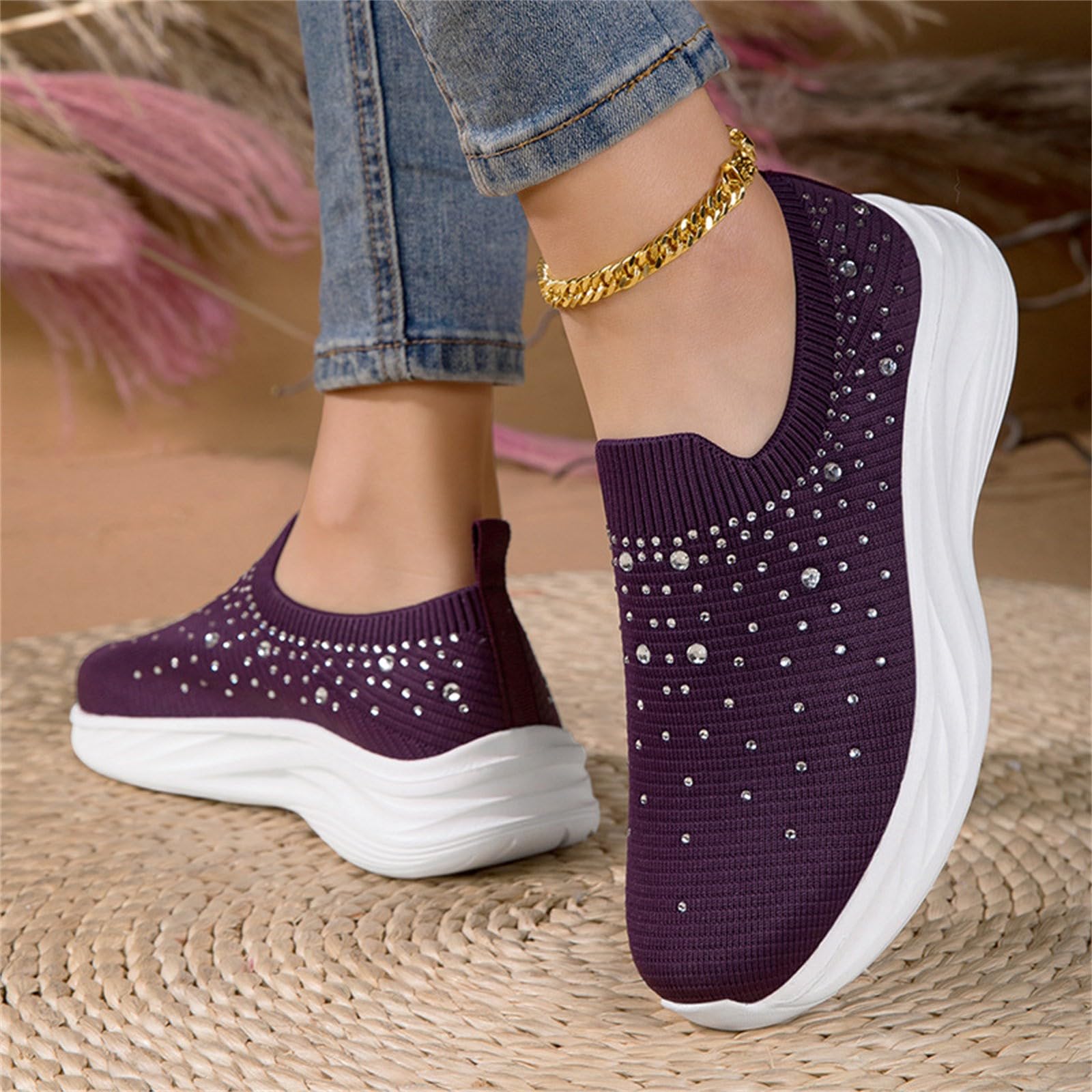Damskie buty sportowe Y2K Sparkly Slip on Stretch, dzianinowe skarpety trampki z detalami ze strasu, na wieczorne spacery i spacery po mieście, Fioletowy, 39.5 EU
