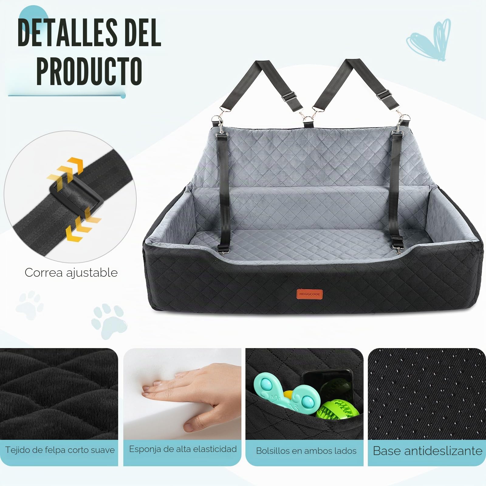 HEGGCOOE Asiento de Coche Grande para Perros de Menos de 100 Libras, Cama Lavable para 2 Perros medianos, Asiento de Coche Desmontable para Mascotas con Correas de Seguridad y Bolsillos de