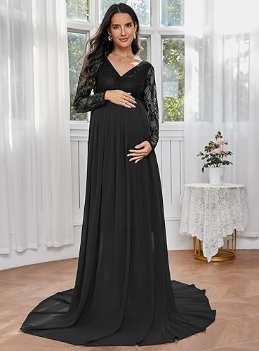 Miniatura 2 de ZIUMUDY Vestido de maternidad con cuello en V para fotografía de gasa, manga larga, con costuras de encaje, maxi vestido para baby shower