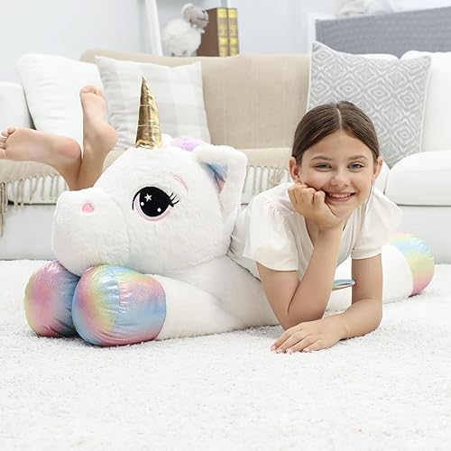 Vista 9 de Almohada de peluche gigante de unicornio de 44 pulgadas, lindo unicornio grande suave con alas de arcoíris, juguete de peluche grande, regalos