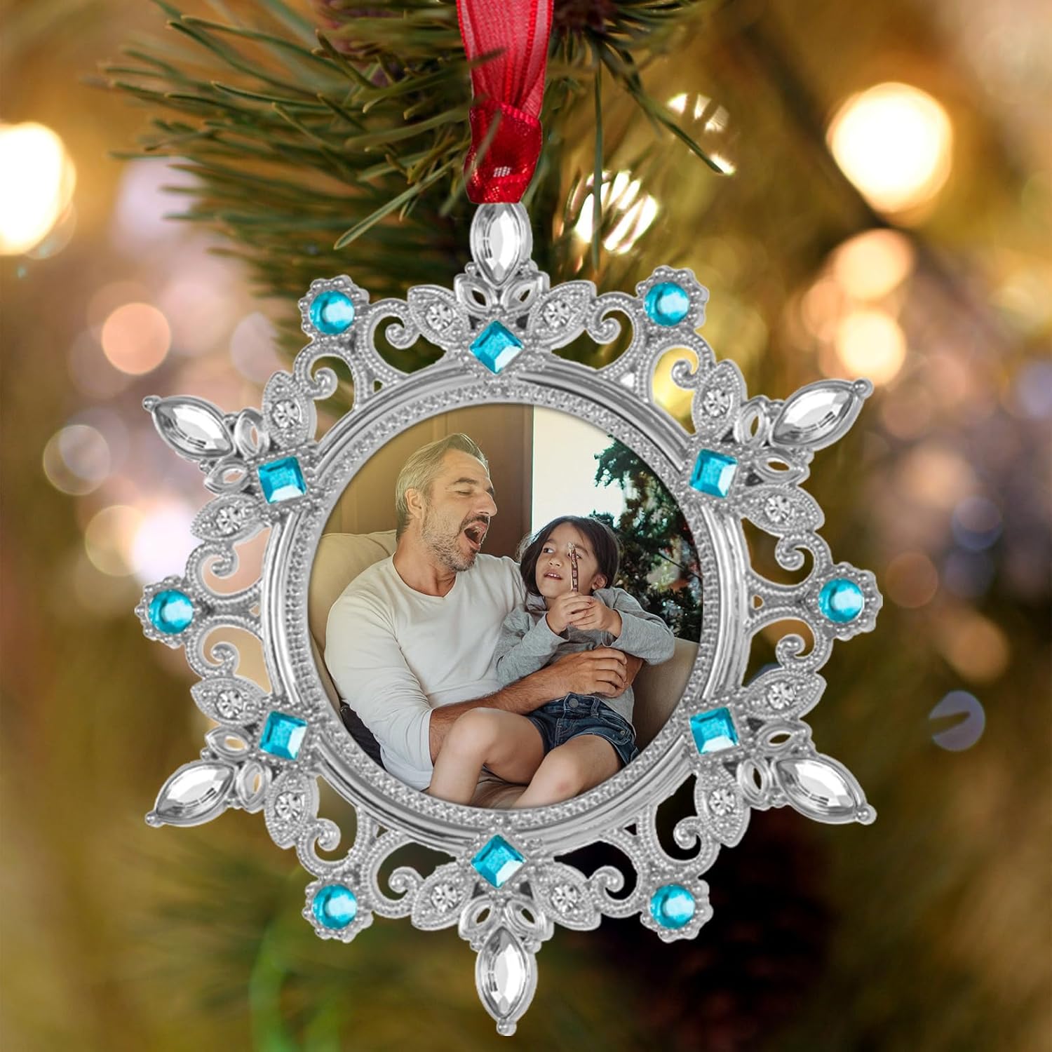 GUOER Christmas Tree Snowflake Picture Frame Ornaments Holiday Keepsake Gift Home Decor Christmas Decorations Xmas Gifts Pendant with 2" Photo Frame (Blue, 3 Pieces Set)