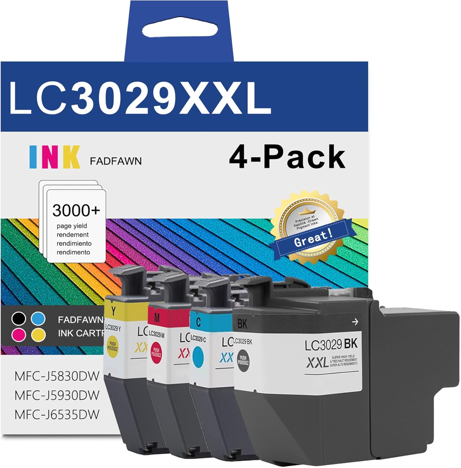 LC3029XXL Super High Yield Ink Cartridges 4-Pack (1 Each LC3029BK, LC3029C, LC3029M, LC3029Y) Compatible for Brother LC3029 Ink Cartridges MFC-J5830DW MFC-J5830DWXL MFC-J5930DW MFC-J6535DW Printer