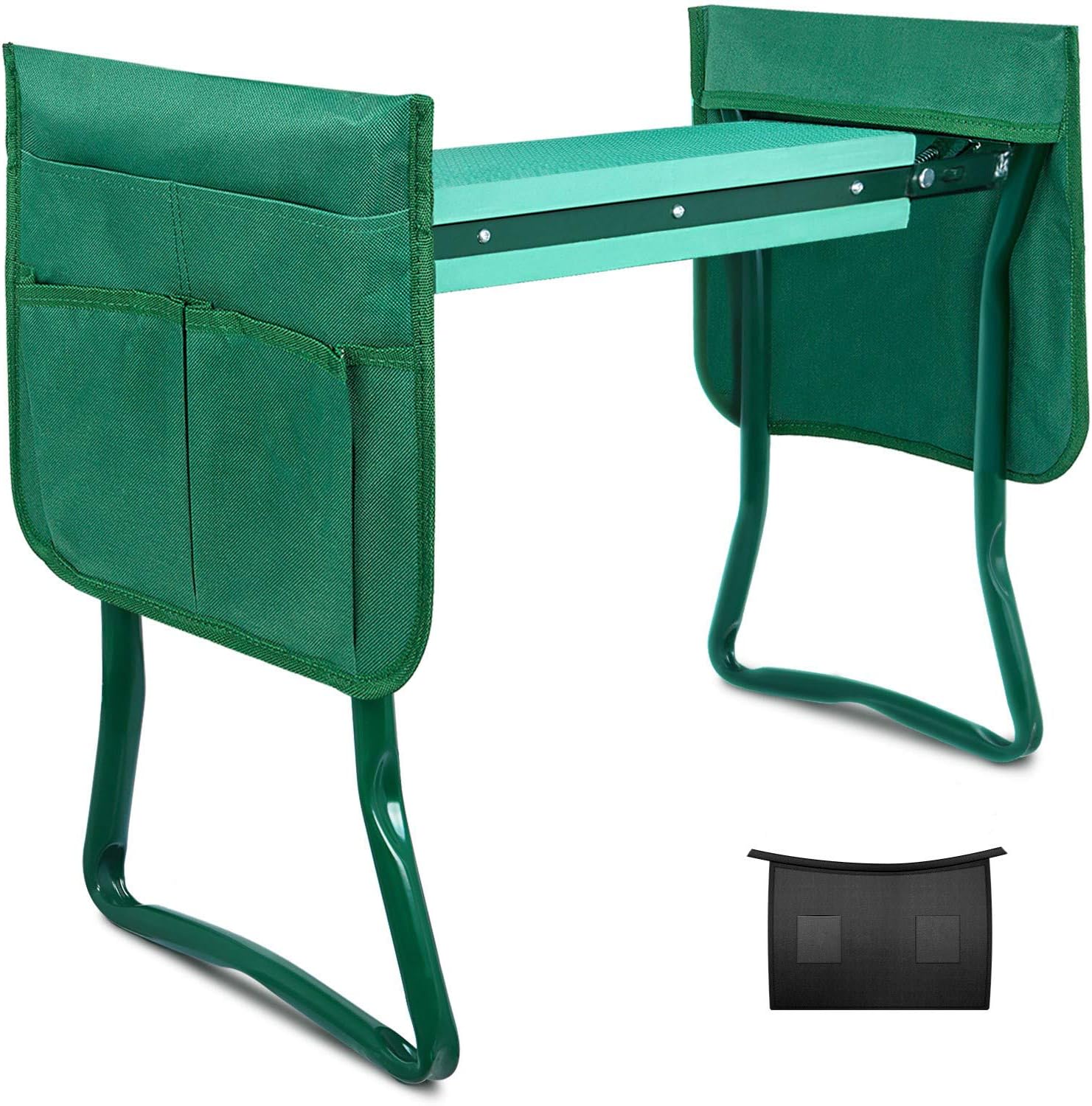 iPower Garden Kneeler and Seat Foldable Kneeling Bench with Sturdy Soft EVA Foam Pad for Outdoor, Fishing, Camping, 2 Tool Pouches and 1 Apron Included