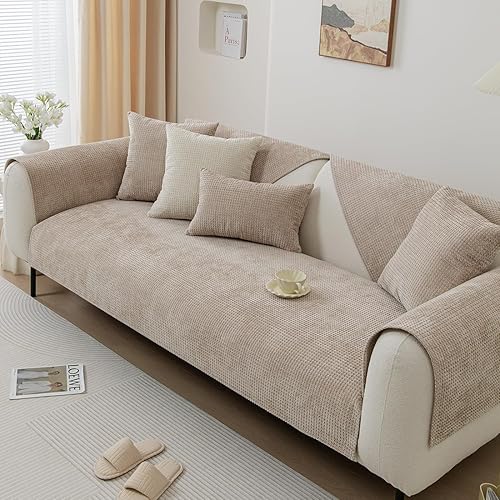 Miniatura 3 de vctops Funda de sofá de felpilla a cuadros de granja para sofá, funda de felpa súper suave para sofá seccional, funda antideslizante para sofá