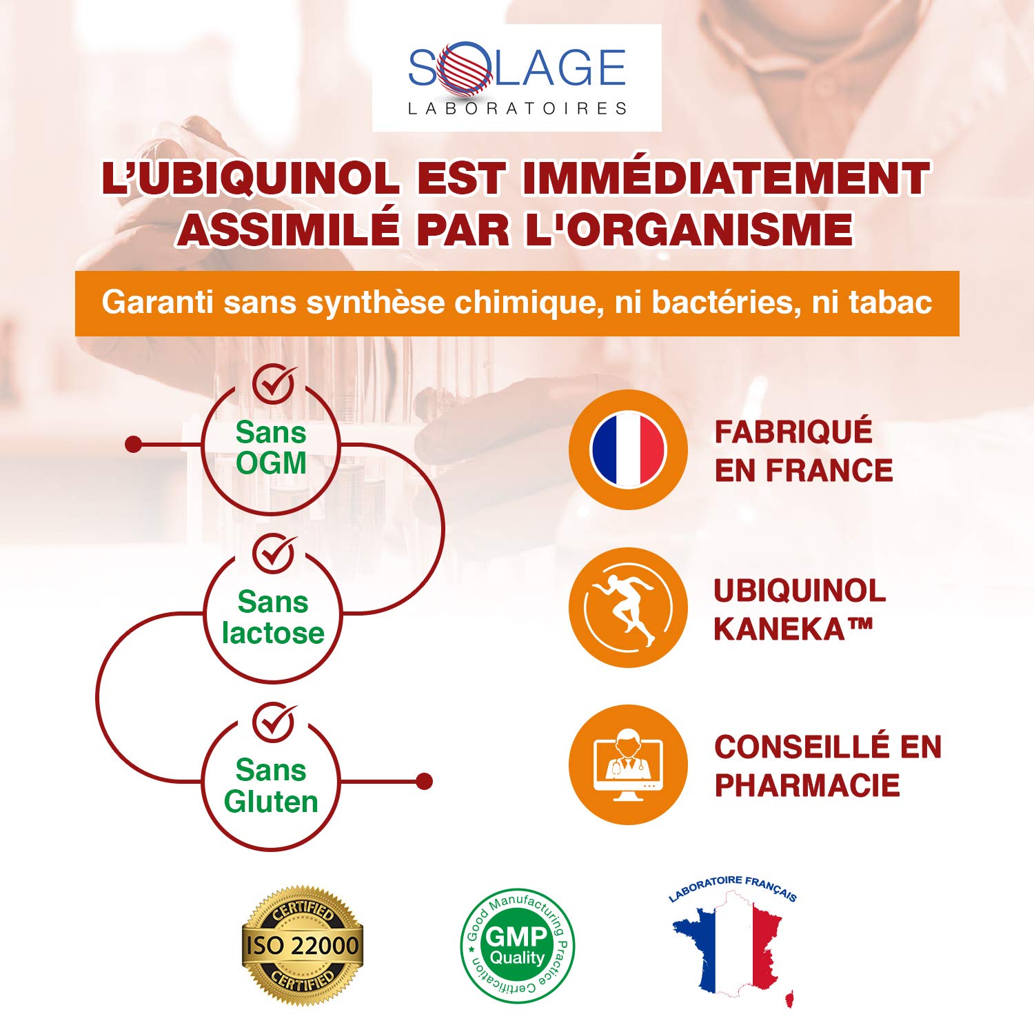 SOLQUINOL. COENZYME Q10 UBIQUINOL KANEKA Pure et Stable, La seule forme étudiée et démontrée - Antioxydant Radicaux Libres, Anti-âge, Anti-fatigue. 30 capsules de 100mg d’ubiquinol. Laboratoire SOLAGE