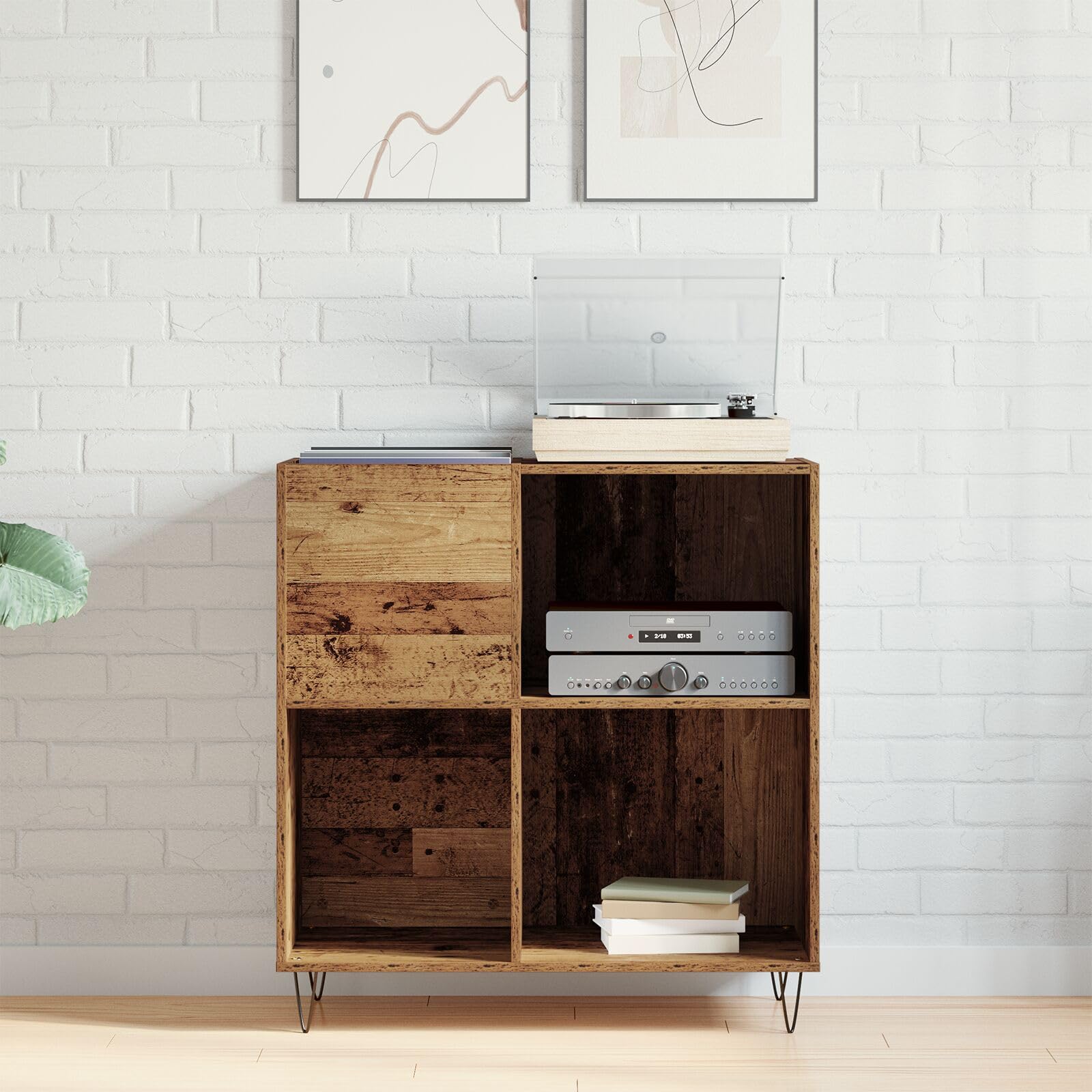 Brokky 862912 Mobile per media Rovere Artigianale 84.5x38x90 cm Legno ingegnerizzato Giradischi Vinili Stand Tavolino con Archiviazione Record in Vinile,Espositore per Dischi,Gabinetto del Supporto da