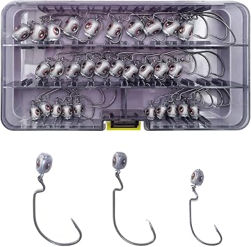 MASTERPRO 30pcs Weedless Jig Head Kit 3g 7g 10g Anti-Snag Fishing Jigheads for Soft Plastics Bass Fishing