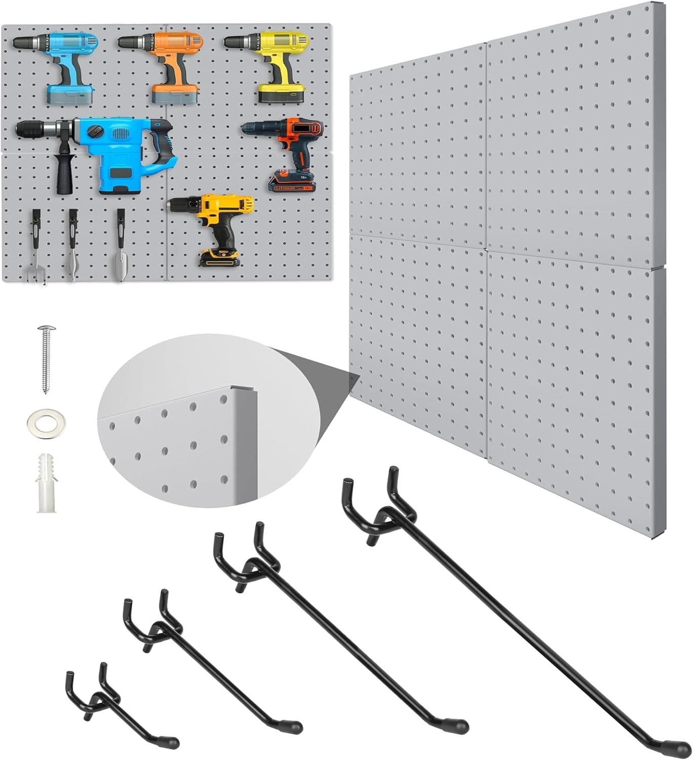 Peg Board, 4 Pack Metal Pegboard Panels Grey Pegboards Wall Organizer with 80 Pack 2/4/6/8 Inch Black Pegboard Ho for Walls Home, Garage Tool Storage, Office Organization, Craft Room, Kitchen