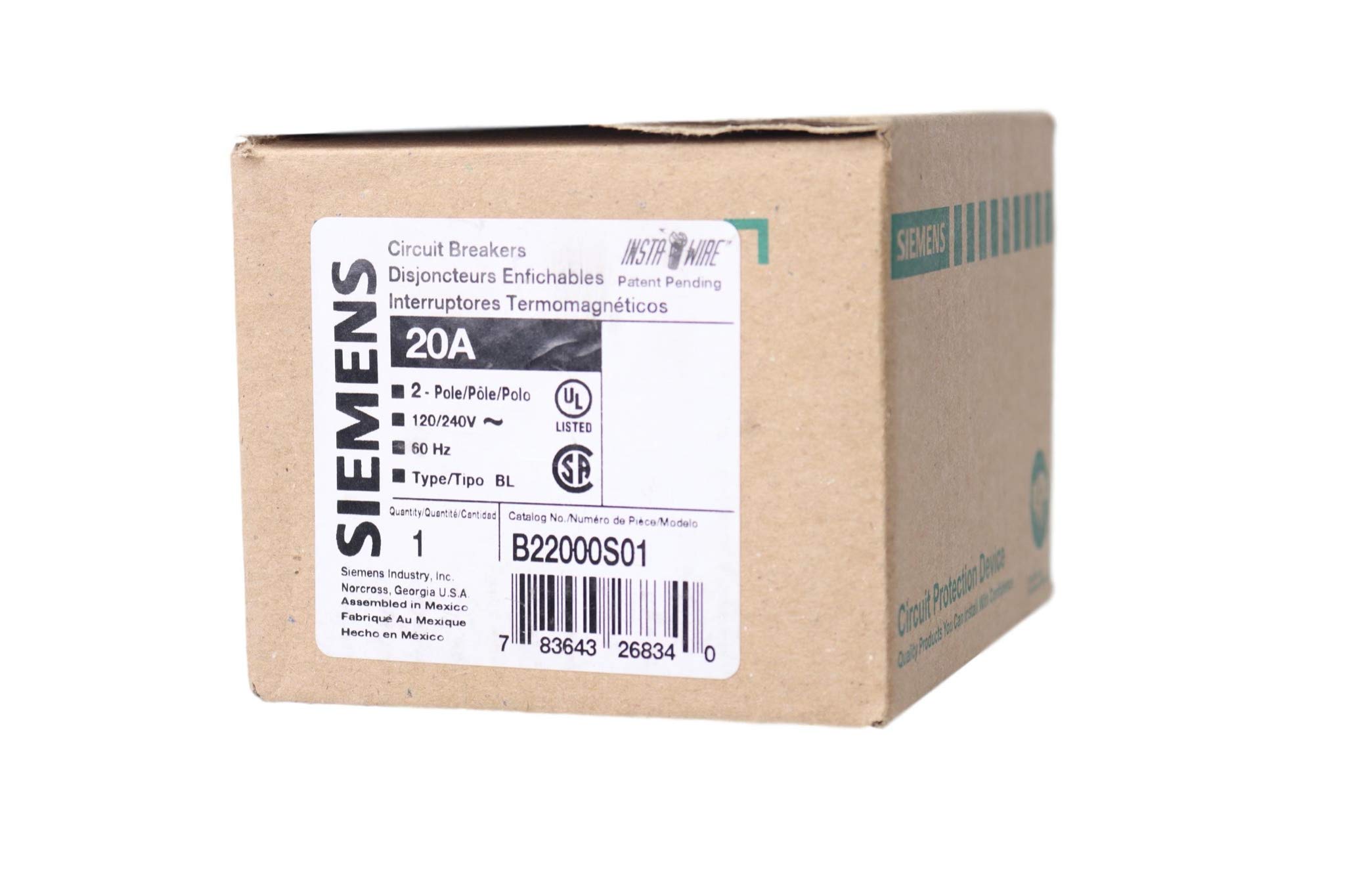 SIEMENS SIEB22000S01 SIE B22000S01 2P 20A Bolt ON CB, Black