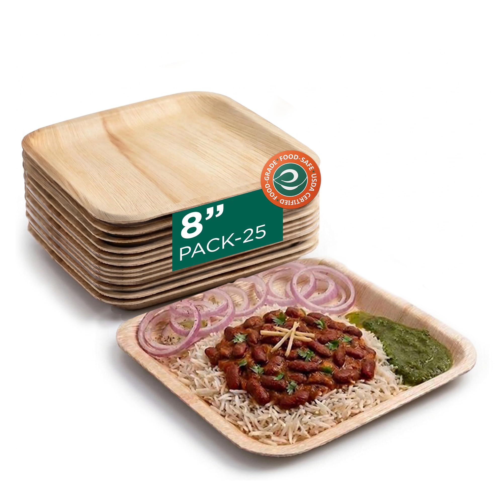 ECO SOUL [8 inch, 25-Pack Areca Palm Leaf Square Plates | Disposable Big Size Pooja Plates Eco-Friendly Biodegradable Like Bamboo Wood Plates | Party, Wedding, Event Plates (20 cm)