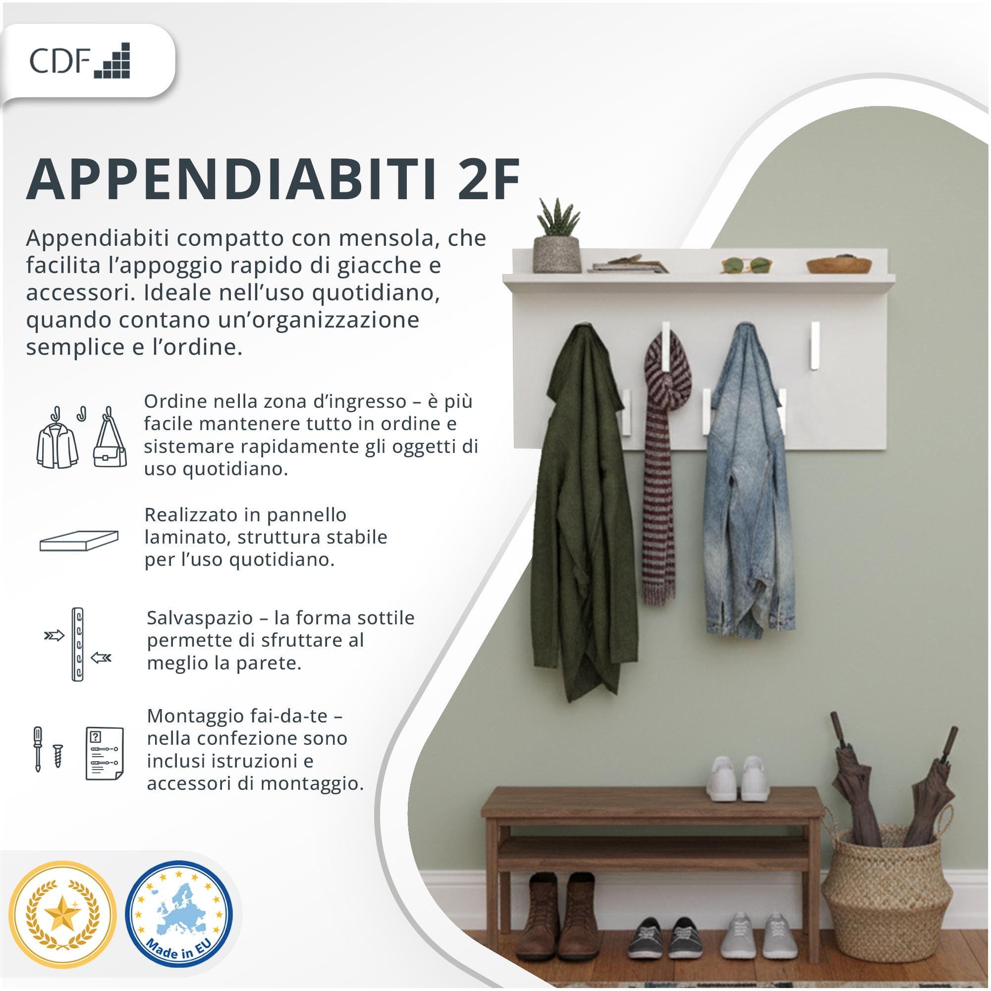 CDF Appendiabiti a Parete con Mensola Pannello Guardaroba da Muro con 7 Ganci per Ingresso Corridoio Ufficio Design Moderno Salvaspazio 70 x 20 x 40 cm - Bianco