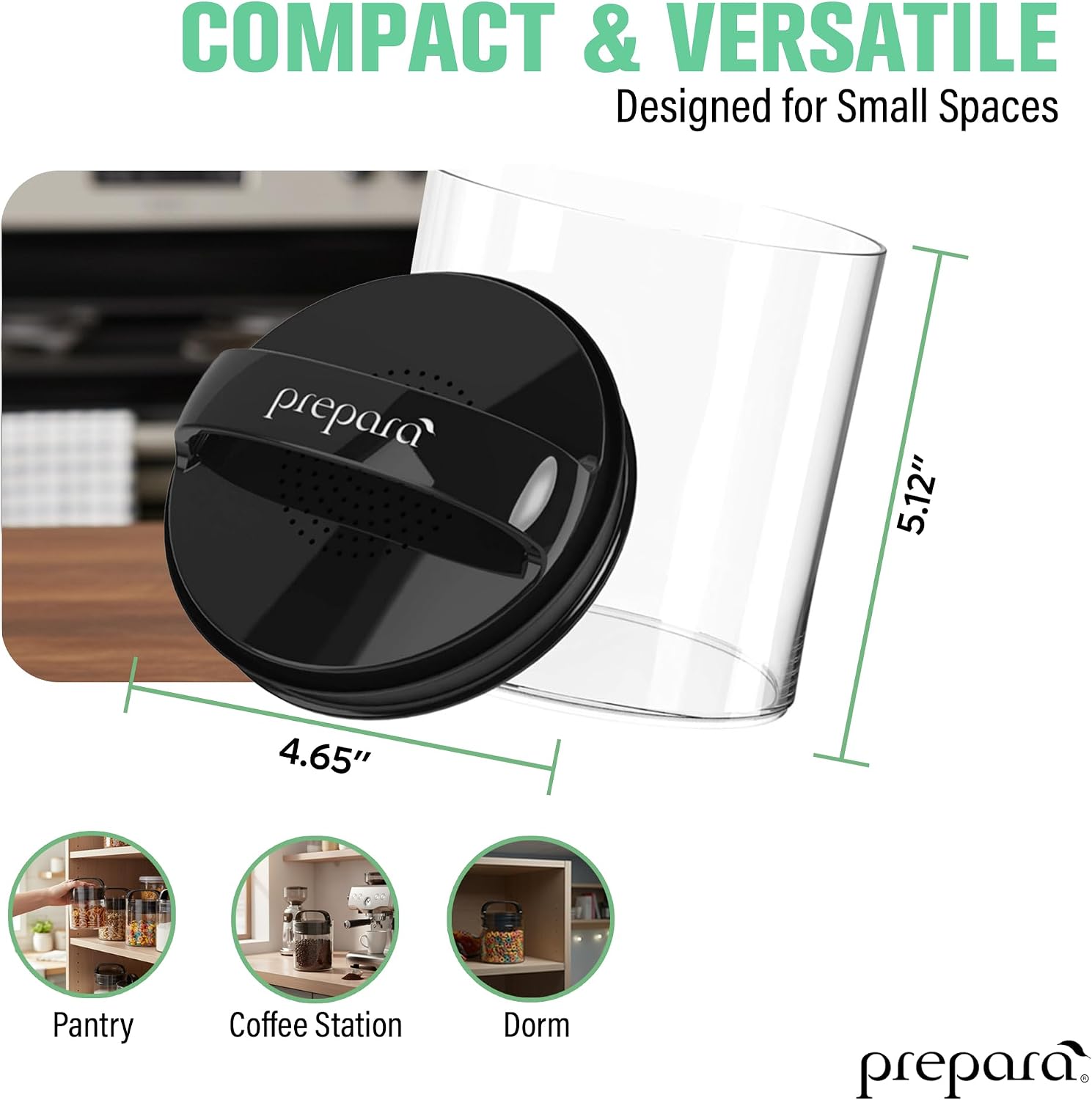 Prepara Evak Fresh Saver Short Airtight Containers, Medium - Black Handle with Patented Twin-Valve System, BPA Free Stackable Storage Canisters for Pantry Organization - Dishwasher Safe (2-Pack)