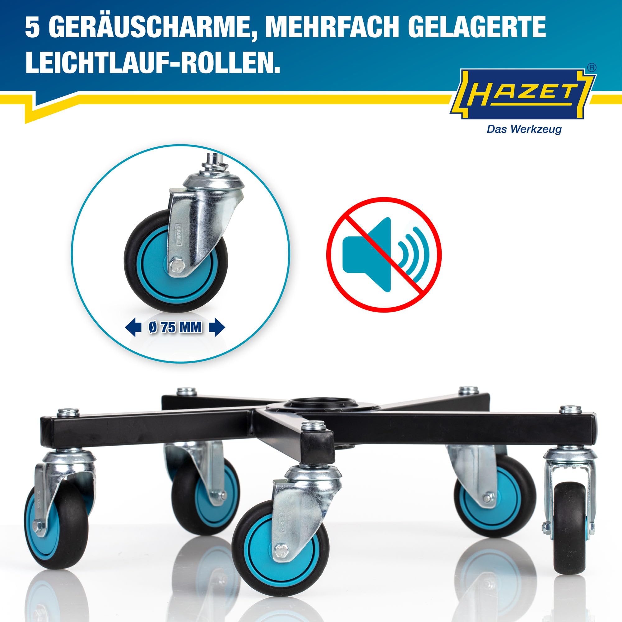 HAZET Arbeitssitz 195N-4, stabile Vierkant-Rohrrahmenkonstruktion, 5 Leichtlaufrollen 75 mm, höhenverstellbar 430-550 mm, belastbar bis 150 kg, großes Sitzkissen 350 mm