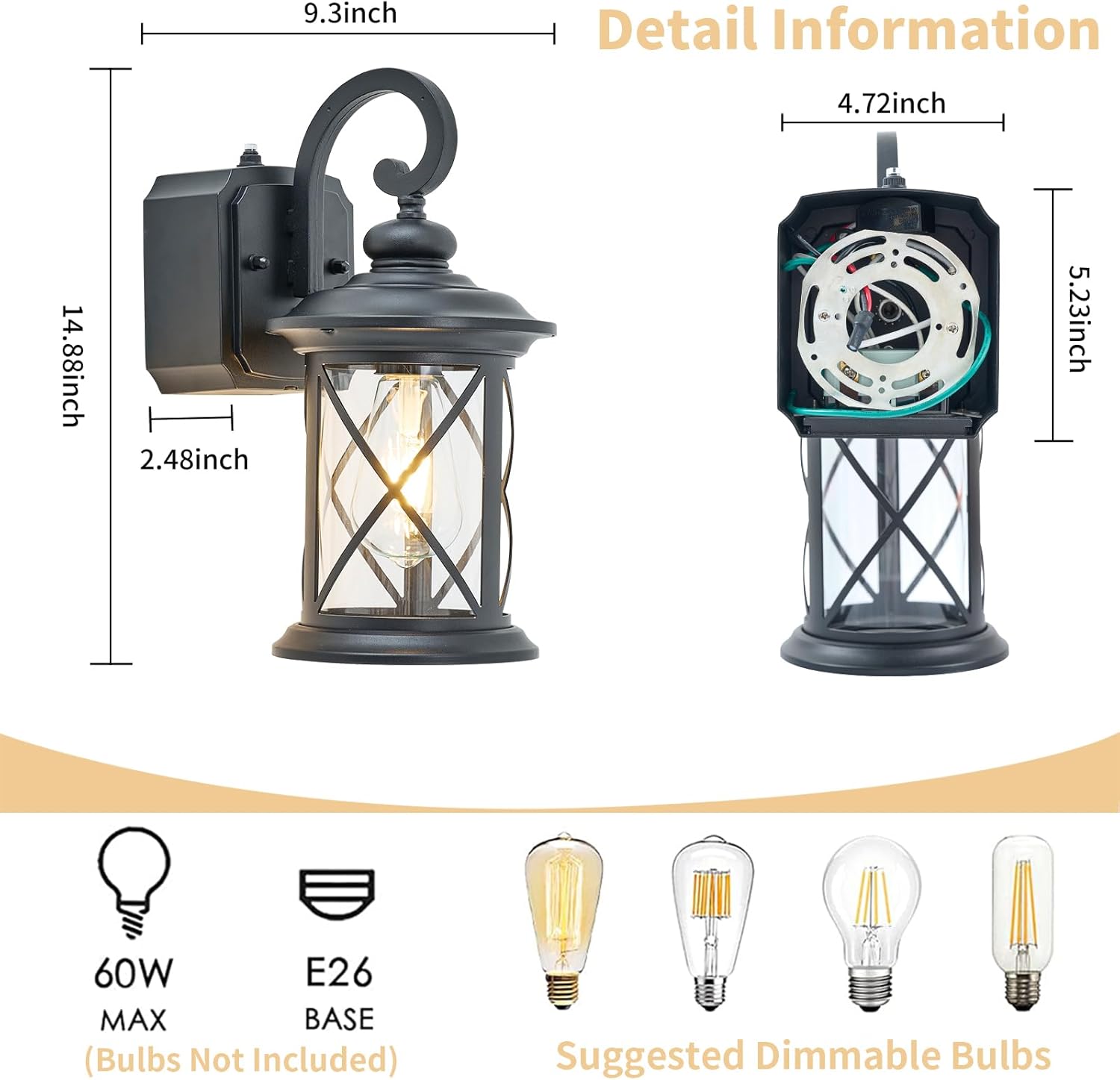 Dusk to Dawn Photocell Sensor Outdoor Porch Light with GFCI Outlet, Anti-Rust Waterproof Industrial Outdoor Lantern, Black Exterior Work Lights Rustic Wall Light