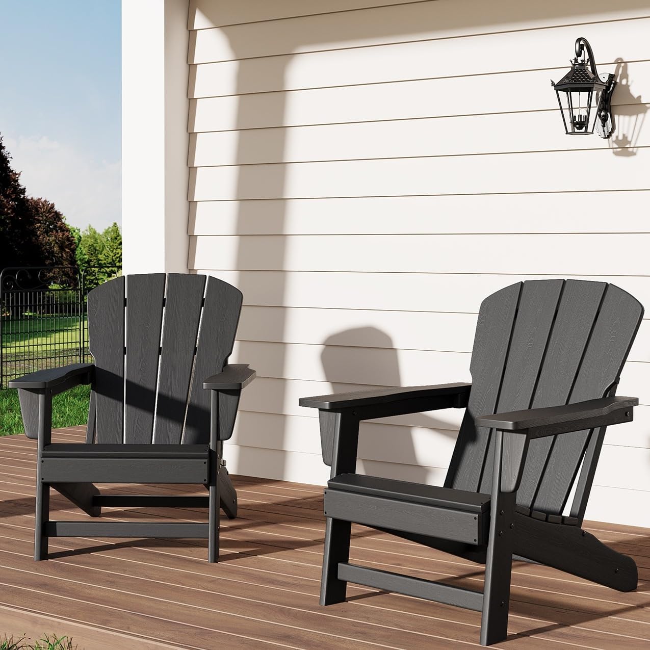 GarveeLife Modern HDPE Plastic Adirondack Chair Set of 2 - Oversize 380 LB Poly Lumber Weather Resistant Firepit Chair - Outdoor Patio Chairs with Wooden Textured for Deck, Pool, Porch - Black